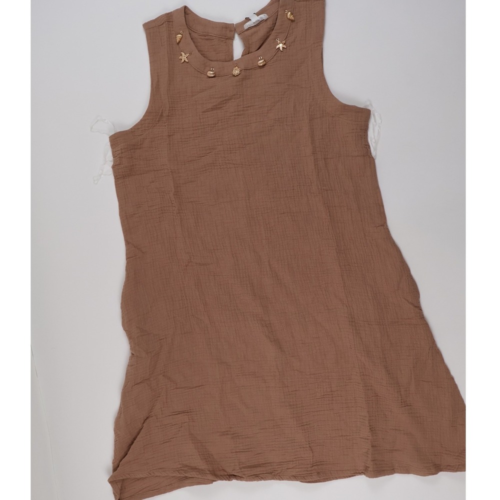 Kathy Ireland Dress Sleeveless Gauze Shell Embellished Brown L NWT